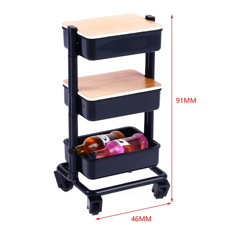 Storage Display Shelf Bookshelf Furniture Model Decor Toy 1Set 1:12  Dollhouse Miniature Trolley Dining Cart with Wheels