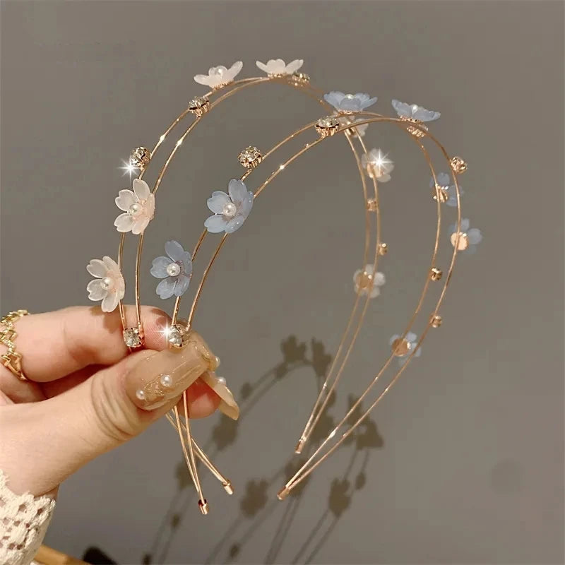 New Double Layer Metal Hairband Flower Pearl Headband for Women Headwear Shiny Rhinestone Hair Band Hoop Hair Accessories