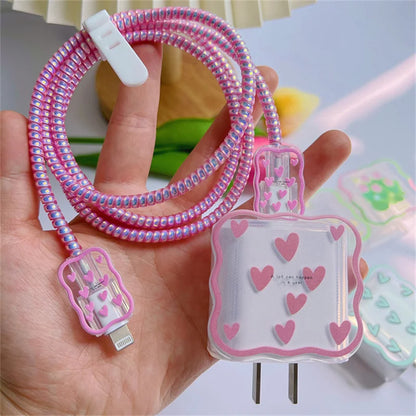 5pcs-set Heart Flower Wave Edge Charger Protective Cover Suitable for iPhone Models 12 13 14 15 Supports 18W 20W Fast Charging