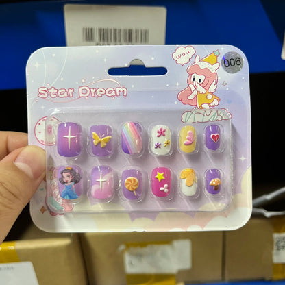 12pcs Cute Kids Dress-Up Fake Nail Girls Press on Nails Princess Pretend Play Toy Nail Tips Self-adhesive Children False Nails *