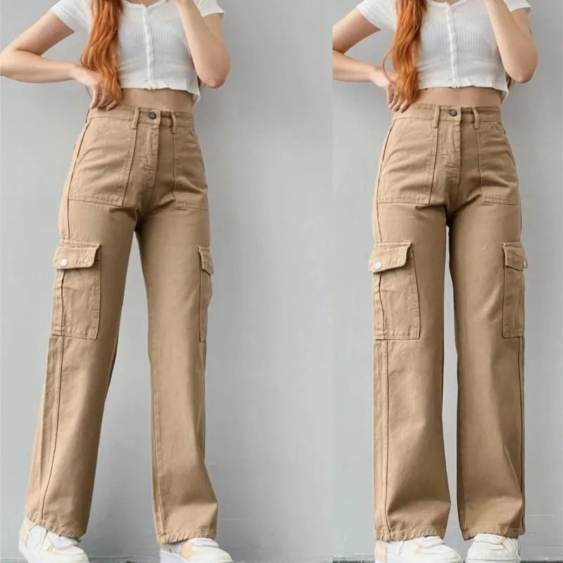 Women Vintage Cargo Pants Streetwear New Y2K Techwear Korean Harajuku Parachute Pants Beige Sweatpants Wide Leg Joggers Trousers
