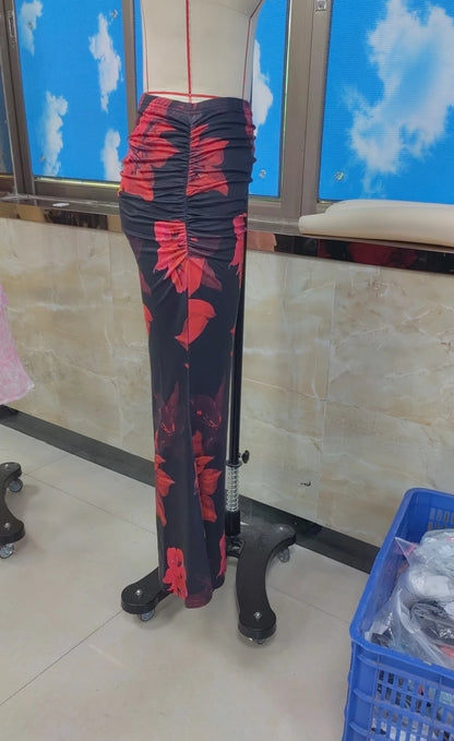 Women's Pleated A-Line Skirt Vintage Flower Printed Ruched Bodycon Skirts Summer Leisure Vacation Long Skirt