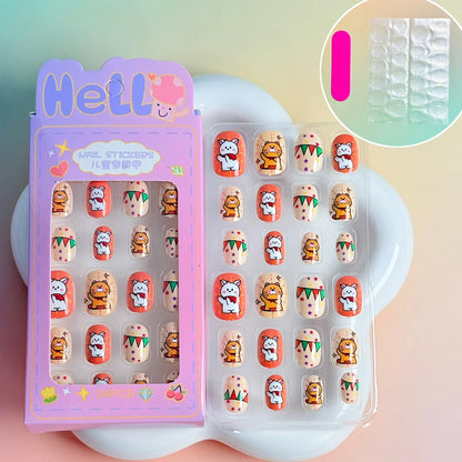 24PC/Box Children's Press On Nails With Jelly Glue Girl's Colorful Cartoon Full Cover Bear Bunny Cat Pattern Fake Nail FalseNail
