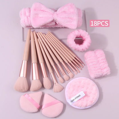 1pcs/18pcs Makeup Tool Set: 12 Pink Makeup Brushes, Triangular Powder Puffs, Wristbands, Hairbands, Facial Cleansing Puffs