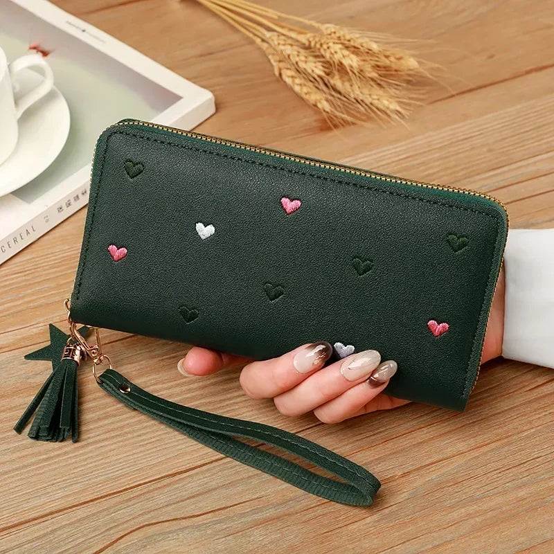 New Long Short Wallet Women's Fashion Credit Card Bag Purse Zipper Handbag Embroidered Heart Mobile Phone Money Coin Bag Case