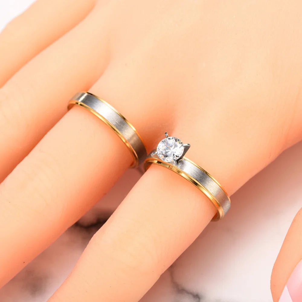 Fashion Matte 4-Prong Zircon Stainless Steel Couple Rings For Women Men Engagement Ring Valentine Day Jewelry Gift Size 6-12