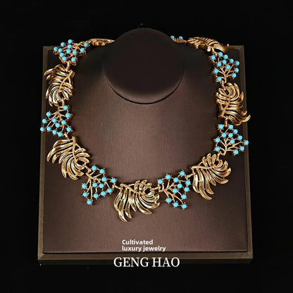 Vintagevintage Light Blue Rhinestone Vacuum-Plated Hollow Relief Elegant Necklace Earrings Jewelry Set For Special Occasions