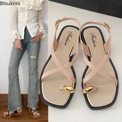 2026 New Women's Summer Outdoor Wear Single Toe Style Flat Bottom Sandals High Quality PVC Material Adults Roman Style Slippers