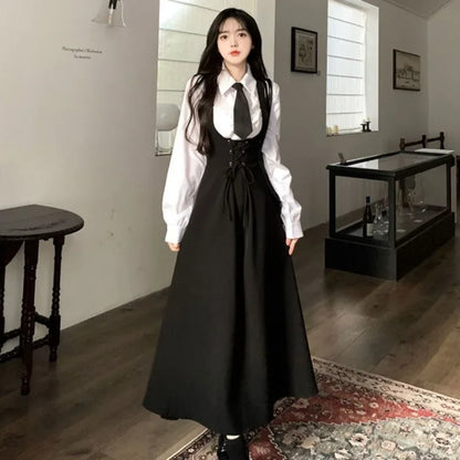 Japanese Style Preppy Fit Waist-Conscious Slimming Crossbody Dress Women's Loose Medium-Length Tank Dress Versatile Korean Versi