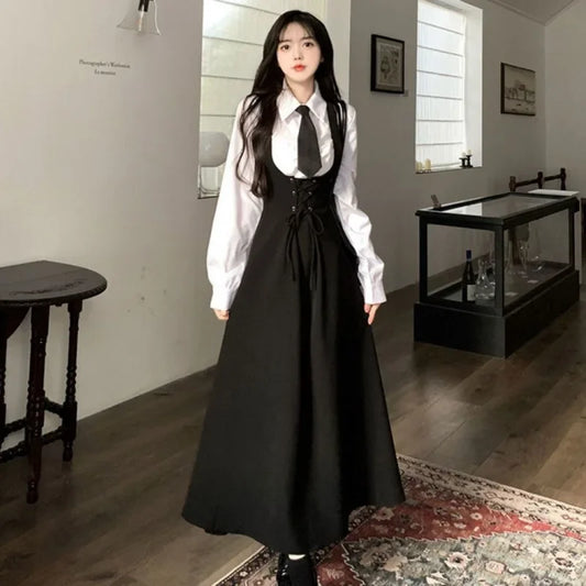 Japanese Style Preppy Fit Waist-Conscious Slimming Crossbody Dress Women's Loose Medium-Length Tank Dress Versatile Korean Versi