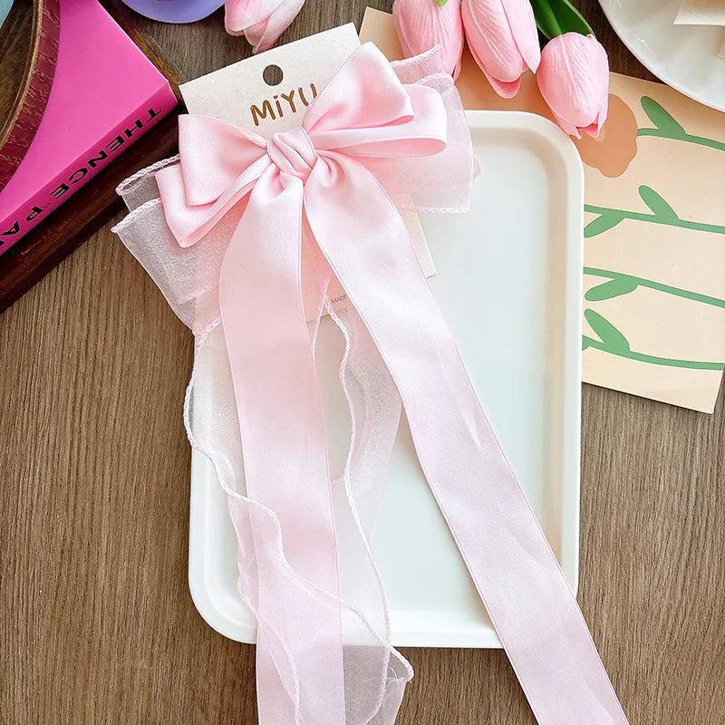 Women Elegant Lace Bow Ribbon Hair Clips Solid Color Satin Заколка Бант Girls Korean Hairpins Party Headdress Hair Accessories