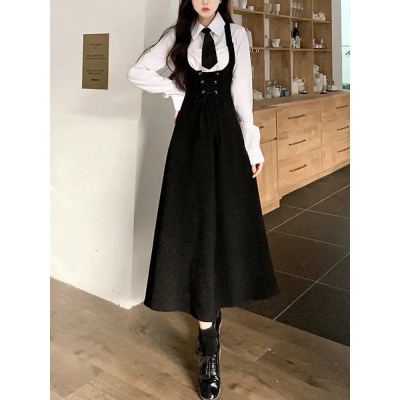 Japanese Style Preppy Fit Waist-Conscious Slimming Crossbody Dress Women's Loose Medium-Length Tank Dress Versatile Korean Versi