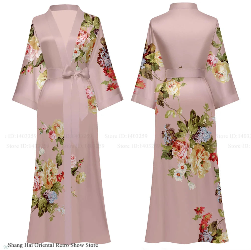 Elegant Print Flower Women Long Robe Loungewear Silky Satin Kimono Bathrobe Gown Spring Autumn New Sleepwear Home Dress Negligee