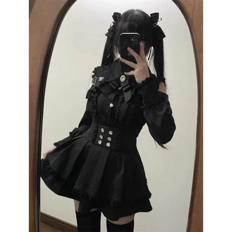 Women‘s Lolita Set Dark Femme Mesh Top & Waist Cinching Skirt, 2025 Autumn Japanese Street Style Coord for Gothic Baddie Fashion