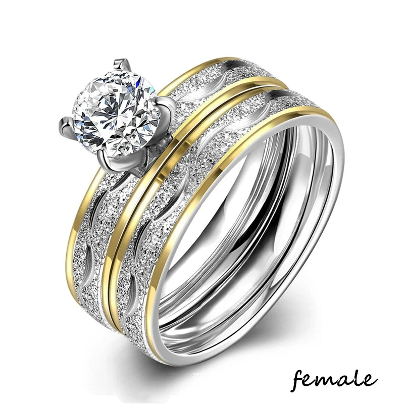 Fashion Couple Rings Romantic Women Rhinestones CZ Rings Set Trendy Men Stainless Steel Zircon Stone Rings Wedding Band Jewelry
