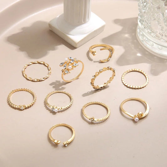 Punk Geometric Metal Moon Heart Rings for Women Men Vintage Gold Color Curved Open Ring Set Fashion Unisex Jewelry Gift