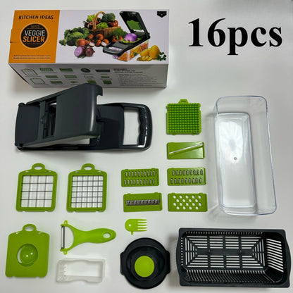 Vegetable Chopper Dicer Set Effortless Onion Tomato Cutter Lemon Squeezer 13 Blades BPA-Free Container Grey Kitchen Essential