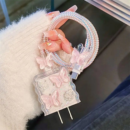 Pink Crystal Butterfly Charging Data Cable Protector Winder Accessories For IPhone 18w/20w Cartoon Charger Protective Cover
