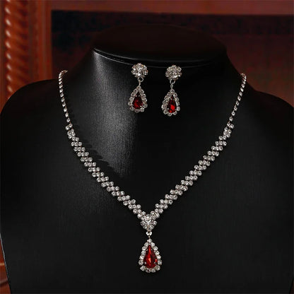 2Pcs/lot Simple Fashion Geometric Zircon Necklace Earrings Kit For Women Wedding Bride Jewelry Set Accessories Gift