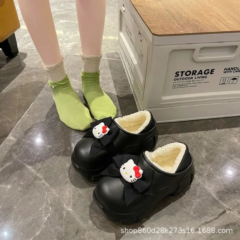 Women's Fairy Tale Style Thick Bottom Cotton Slippers Winter Waterproof Outdoor Cute Butterfly Knot Heel Fleece Lined Anti-sl...