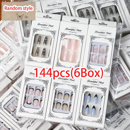 144pcs Random Pink French Fake Nails Set Mixed Short Square Medium Almond Design Press On Nails Glossy Nail Patch for Girl Women