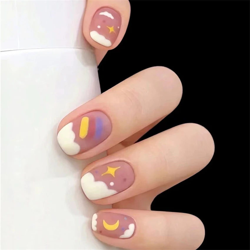 24Pcs/Set Pink Bow French Fake Nails Art Cute with Diamonds Girls Reusable Ballet Press on Nail Tips Oval Acrylic Stick on Nails