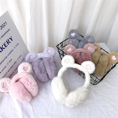 Cute Bear Ears Winter Warm Earmuffs for Women Girls Kids Plush Thick Soft Ear Muffs Protect Ears Foldable Warmer Cover Earflaps