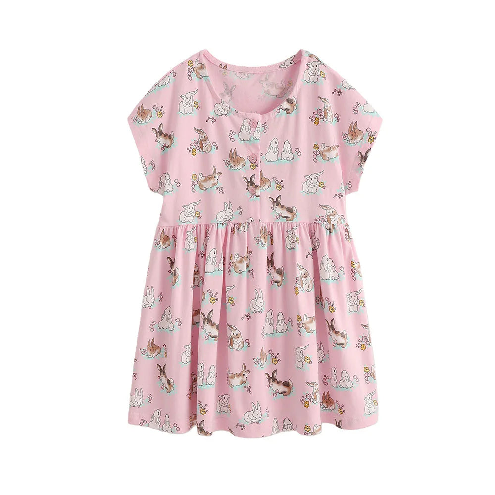 3-8T Summer Girls Dresses Rabbits Printed Buttons Short Sleeve Party Birthday Frocks Children's Costume Baby Dresses