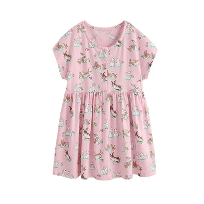 3-8T Summer Girls Dresses Rabbits Printed Buttons Short Sleeve Party Birthday Frocks Children's Costume Baby Dresses