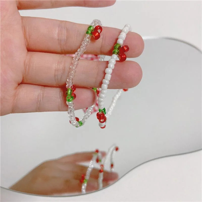 1PC Summer Niche Fresh White Crystal Beaded Bracelet Hand-woven Stylish Simplicity Cherry Bracelet Jewelry Girls Party Gifts