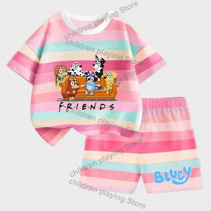 Blueyi Series Child Stripes Sets Summer Girls Boys T-Shirt Shorts Suits Cartoon Bingo Casual Sport Clothes Kids Sleepwear Gifts