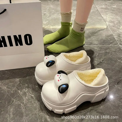 Women's Fairy Tale Style Thick Bottom Cotton Slippers Winter Waterproof Outdoor Cute Butterfly Knot Heel Fleece Lined Anti-sl...