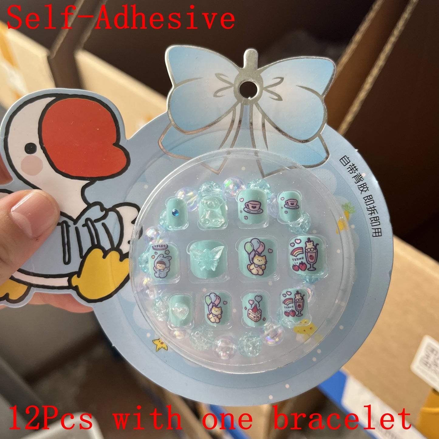 12pcs Cute Kids Dress-Up Fake Nail Girls Press on Nails Princess Pretend Play Toy Nail Tips Self-adhesive Children False Nails *