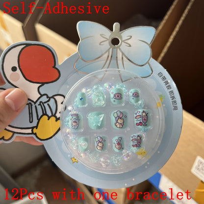 12pcs Cute Kids Dress-Up Fake Nail Girls Press on Nails Princess Pretend Play Toy Nail Tips Self-adhesive Children False Nails *