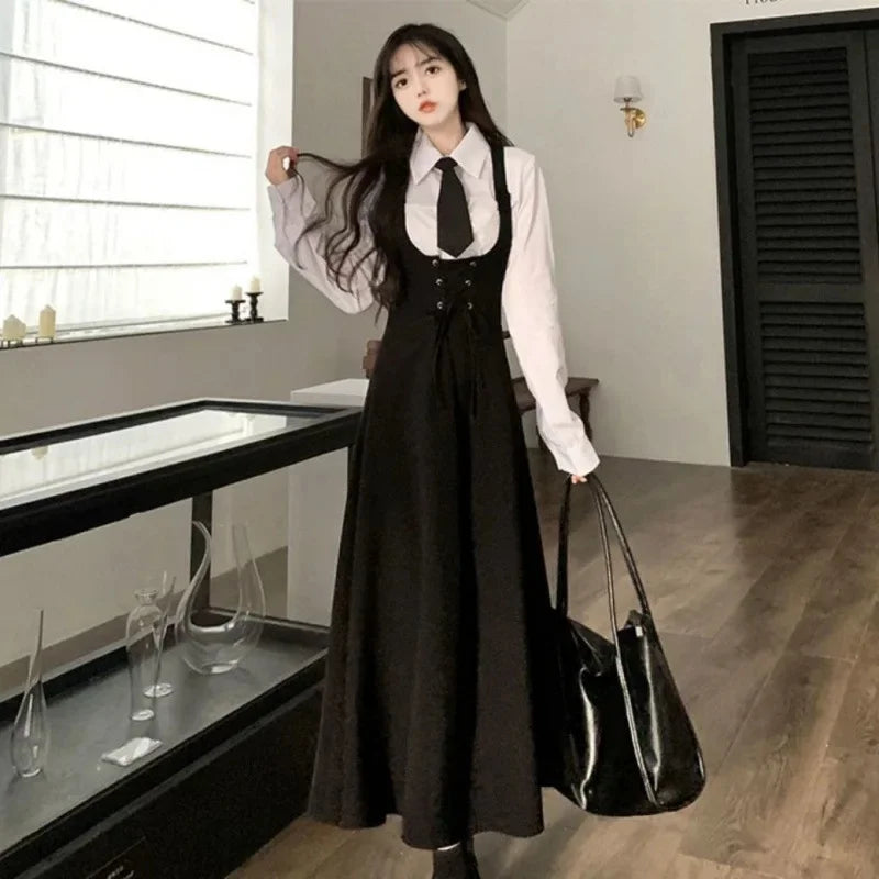 Japanese Style Preppy Fit Waist-Conscious Slimming Crossbody Dress Women's Loose Medium-Length Tank Dress Versatile Korean Versi