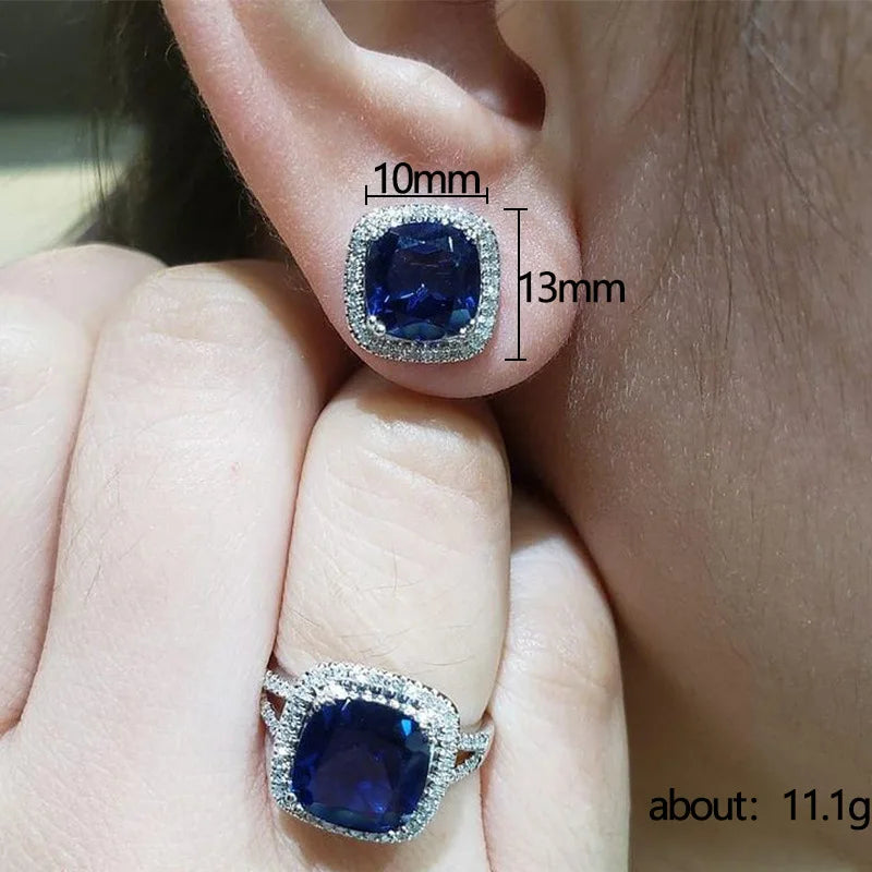 European and American Jewelry Set, Fashionable Square Sapphire Blue Zircon Series, Luxurious and Elegant Jewelry Accessories