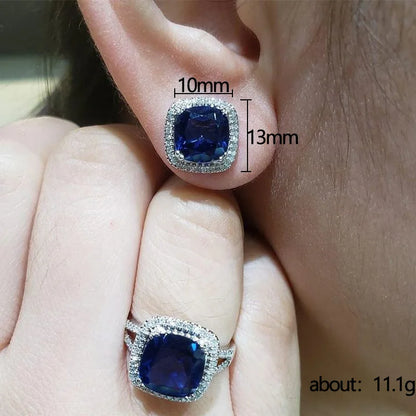 European and American Jewelry Set, Fashionable Square Sapphire Blue Zircon Series, Luxurious and Elegant Jewelry Accessories