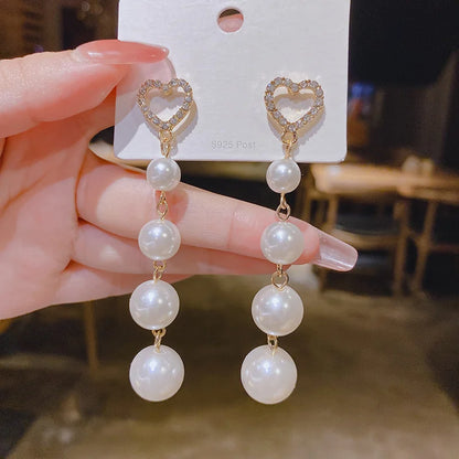1Pair Korean Style Long Imitation Pearl Tassel Dangle Earrings For Women Trendy Full Crystal Fringe Drop Earring Vintage Jewelry