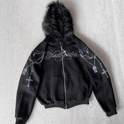 European and American High Street Loose Letter Printed Zipper Hoodie Hoodie