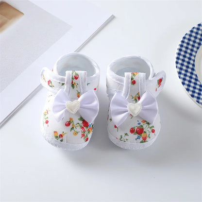 0-18months Baby Girls Flat Shoes Soft Sole Bowknot Flower Print Non-Slip Shoes For Infant Girls Indoor Outdoor First Walkers