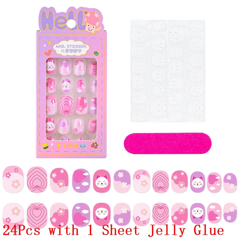 12pcs Cute Kids Dress-Up Fake Nail Girls Press on Nails Princess Pretend Play Toy Nail Tips Self-adhesive Children False Nails *