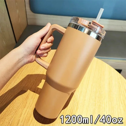 40oz 304 stainless steel vacuum insulated water cup with handle, straw cover, car portable sports travel cup leak proof design