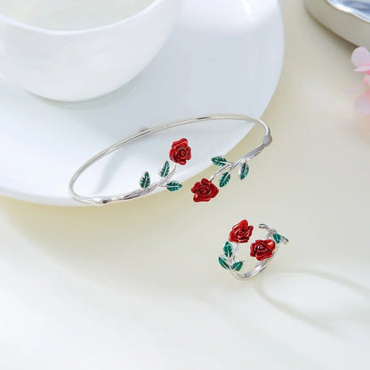 Vintage Charm Red Rose Flower Bracelet Ring Set For Women Vintage Open Adjustable Cuff Bangle Finger Ring Party Wedding Jewelry