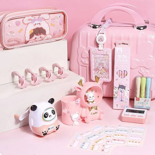 Cute Study Stationery Set Stickers Sharpener Creative Pen Bag Notebook Large Capacity Suitcase Stationery Gift Pack Students