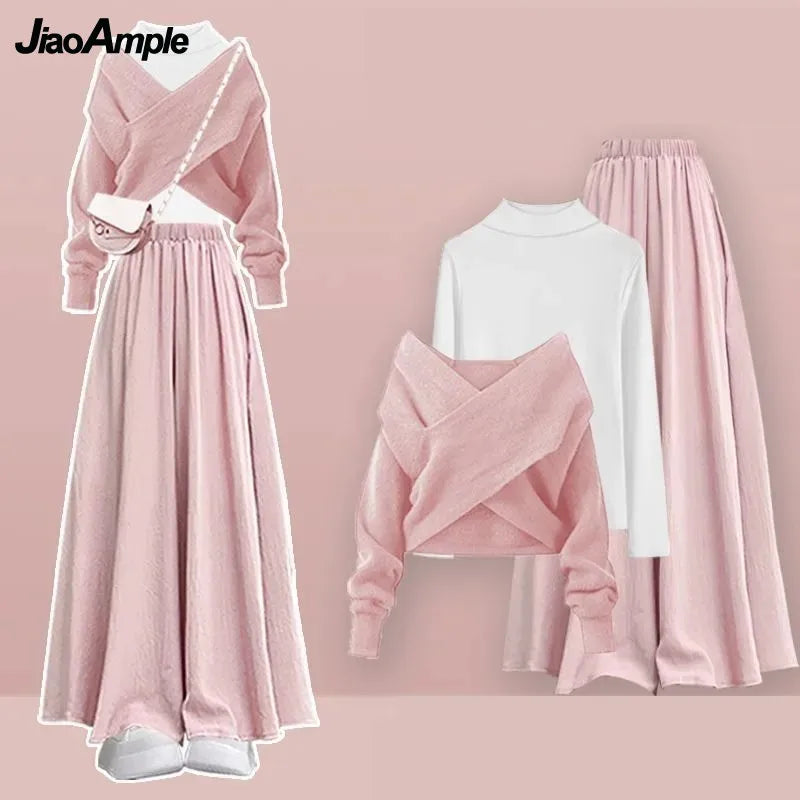 Women's 2025 Autumn/Winter New Fashion In Matching Set Korean Elegant Knitted Sweater+Undershirt+Casual Skirt Pants 3-Piece Suit