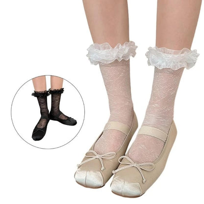 Women Lolita Transparent Mesh Crew Socks Sweet Ruffled Lace Trim Bowknot Cute Love Heart Pattern Anime Princess Hosiery
