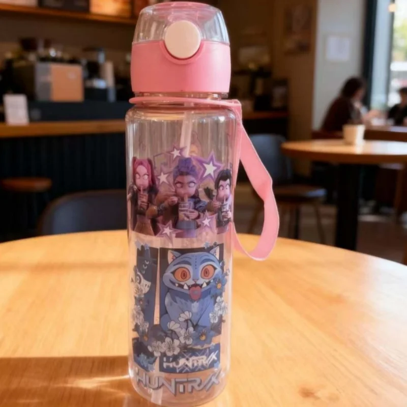 K Pop Demon Hunters Kawaii Cartoon Figure Water Bottle – Girls’ Summer Sports Large Capacity Plastic Bottle | Portable for Hikin