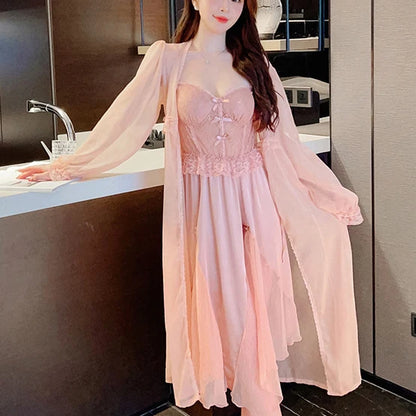 Sexy Long Wedding Twinset Robe Set Nightgown Patchwork Lace Suspender Nightdress Summer Bathrobe Gown Loose Silk Satin Homewear