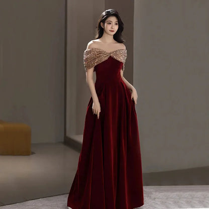DongCMY Vestidos De Novia-f-Spring Burgundy One-shoulder Evening Gown For Women Wedding Dress Elegant And Pretty Dresses