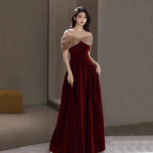 DongCMY Vestidos De Novia-f-Spring Burgundy One-shoulder Evening Gown For Women Wedding Dress Elegant And Pretty Dresses